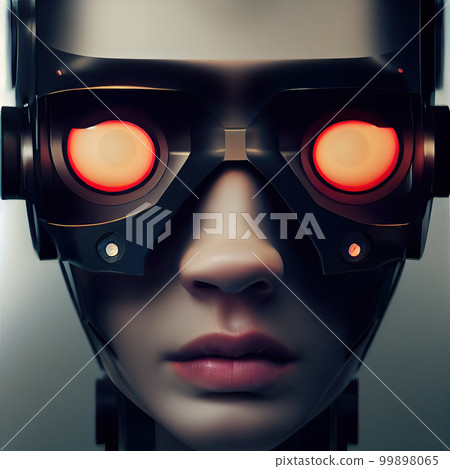 Android woman in luminous glasses. Alien robot closeup. Realistic image. AI-generated 99898065