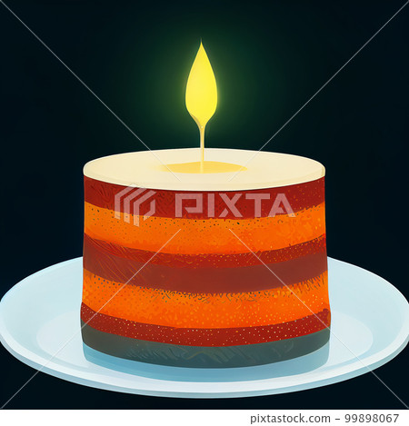 Birthday mini cake with a burning candle. Flat illustration on a dark background. AI-generated Birthday mini cake with a burning candle. Flat illustration on a dark background. AI-generated 99898067