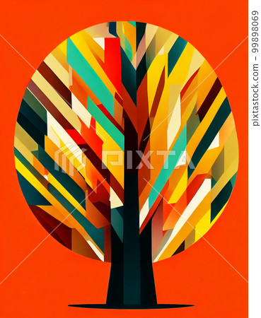 Bright stylized ornamental tree on an orange background. Autumn floral illustration. AI-generated Bright stylized ornamental tree on an orange background. Autumn floral illustration. AI-generated 99898069