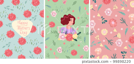 Mother's day greeting card, cute lady with flowers, carnations and green leaves. Spring and summer flowering. The concept of happiness, joy, holiday. Vector graphics Mother's day greeting card, cute lady with flowers, carnations and green leaves. Spring and summer flowering. The concept of happiness, joy, holiday. Vector graphics 99898220