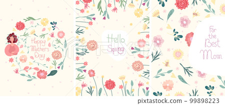 Mothers day greeting card, cute lady with flowers, carnations, daisy and green leaves. Spring and summer flowering. The concept of happiness, joy, holiday. Vector graphics 99898223