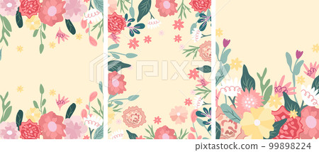 Bright compositions of cards with colored flowers, green leaves, hearts, etc. Ideal for greeting cards, cards, banners, posters. Vector graphics 99898224