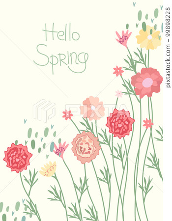 A bright composition with spring flowers, green leaves and the inscription Hello spring. Spring flowering.Ideal for greeting cards, cards, banners, posters. Vector graphics. A bright composition with spring flowers, green leaves and the inscription Hello spring. Spring flowering.Ideal for greeting cards, cards, banners, posters. Vector graphics. 99898228