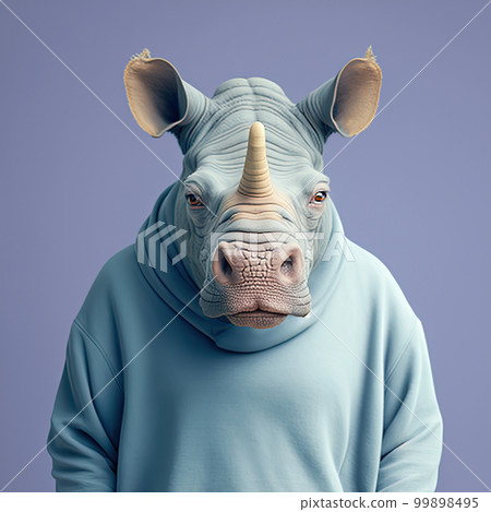 Fashion rhino in sweatshirt. Blue monochrome portrait. Pop art modern style and lifestyle concept. Contemporary art, creative idea. Generative AI Fashion rhino in sweatshirt. Blue monochrome portrait. Pop art modern style and lifestyle concept. Contemporary art, creative idea. Generative AI 99898495