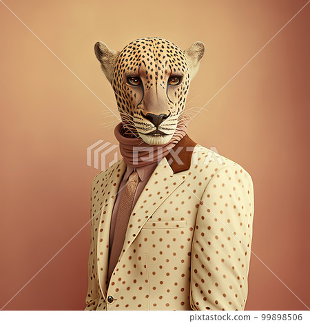 Fashion cheetah in jacket and turtleneck. Brown monochrome portrait. Pop art modern style and lifestyle concept. Contemporary art, creative idea. Generative AI 99898506
