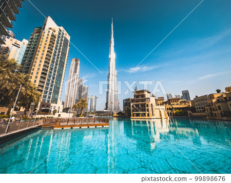 Burj Khalifa view from Burj park bridge in Downtown Dubai, United Arab Emirates 99898676