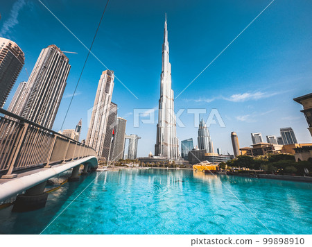 Burj Khalifa view from Burj park bridge in Downtown Dubai, United Arab Emirates 99898910