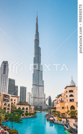 Burj Khalifa view from Burj park bridge in Downtown Dubai, United Arab Emirates 99898978