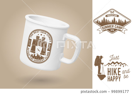 White camping cup. Realistic mug mockup template with sample design. Vector 3d illustration. The best view comes after the hardest climb. Summer camp. Quotes about camping with mountains, backpack White camping cup. Realistic mug mockup template with sample design. Vector 3d illustration. The best view comes after the hardest climb. Summer camp. Quotes about camping with mountains, backpack 99899177