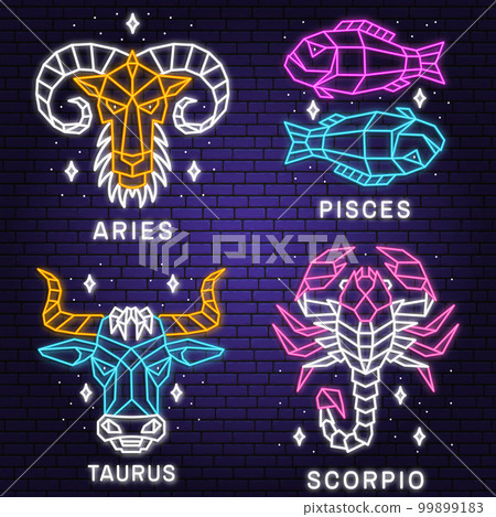 Set of zodiac astrology horoscope neon sign pisces, aries, scorpio, taurus linear design. Vector illustration. Elegant line art symbol or icon of pisces, aries, scorpio, taurus esoteric zodiacal 99899183