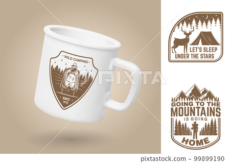 White camping cup. Realistic mug mockup template with sample design. Vector 3d illustration. Wild camping. Summer camp. Quotes about camping with mountains, hiker, lantern, deer, tent and forest White camping cup. Realistic mug mockup template with sample design. Vector 3d illustration. Wild camping. Summer camp. Quotes about camping with mountains, hiker, lantern, deer, tent and forest 99899190