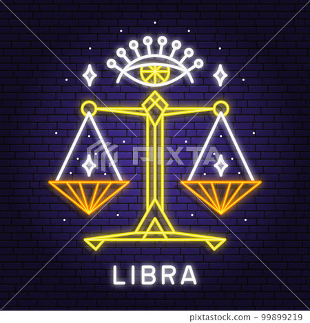 Zodiac astrology horoscope neon sign Libra linear design. Vector illustration. Elegant line art symbol or icon of Libra esoteric zodiacal horoscope templates promotion for logo or poster isolated. 99899219