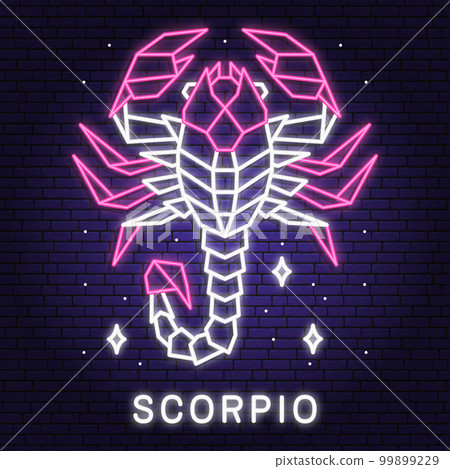Zodiac astrology horoscope neon sign scorpio linear design. Vector illustration. Elegant line art neon symbol or icon of scorpio esoteric zodiacal horoscope templates promotion for logo or poster 99899229