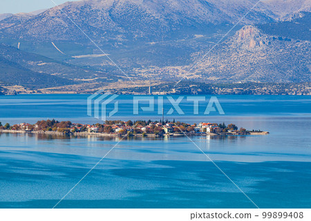 Aerial view of historic city of Egirdir in the beautiful blue lake Egirdir. 99899408
