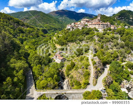 Aerial view of Antraigues sur Volane village in Ardeche, south of France 99900355