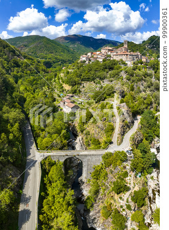 Aerial view of Antraigues sur Volane village in Ardeche, south of France 99900361