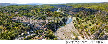 Aerial view of Balazuc, one of the most beautiful village in Ardeche, South of France Aerial view of Balazuc, one of the most beautiful village in Ardeche, South of France 99900376
