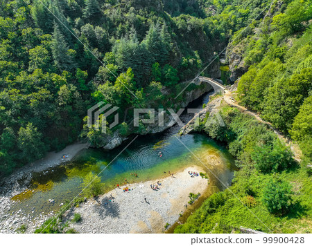 Le pont du diable or Devil Bridge ain Thueyts village in the Ardeche department in southern France. 99900428
