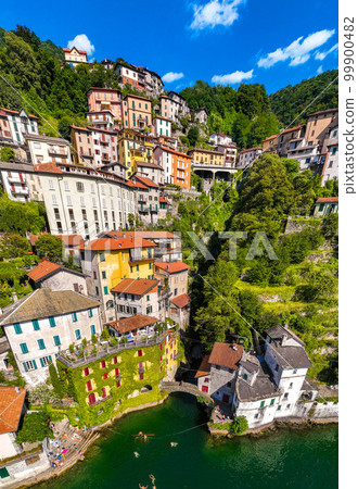 Aerial view of Nesso, a picturesque and colourful village sitting on the banks of Lake Como, Italy 99900482
