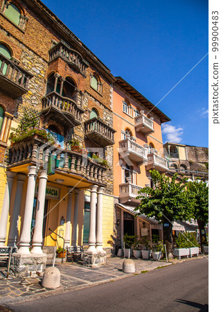 Aerial view of Nesso, a picturesque and colourful village sitting on the banks of Lake Como, Italy Aerial view of Nesso, a picturesque and colourful village sitting on the banks of Lake Como, Italy 99900483