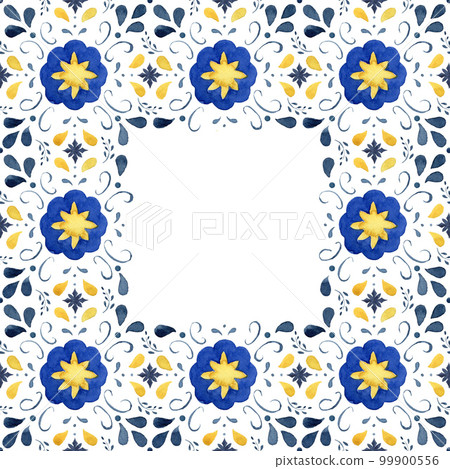 Watercolor classical frame consisting of blue, yelllow elements and Mediterranean tiles. Hand painted traditional illustration isolation on white background for design, print, fabric or background. Watercolor classical frame consisting of blue, yelllow elements and Mediterranean tiles. Hand painted traditional illustration isolation on white background for design, print, fabric or background. 99900556