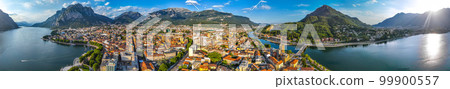 Aerial view of Lecco city in the southeastern shore of Lake Como, in northern Italy. 99900557