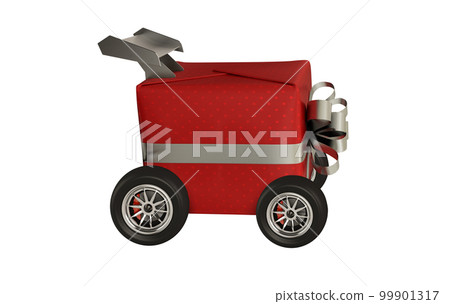 Wrapped gift on a trolley with wheels. concept of fast and express delivery. 3d render 99901317