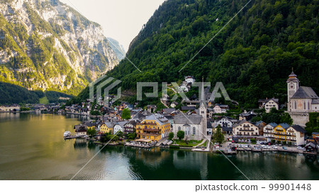 Stock Photos and Images of Top view of Hallstatt village, mountains background in Austria Stock Photos and Images of Top view of Hallstatt village, mountains background in Austria 99901448