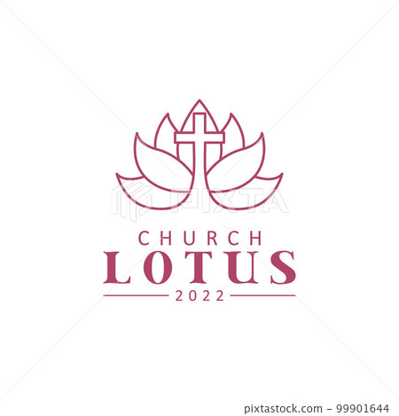 Lotus And Cross Minimalist Line Art For Church Or Christian Religion Logo	 99901644
