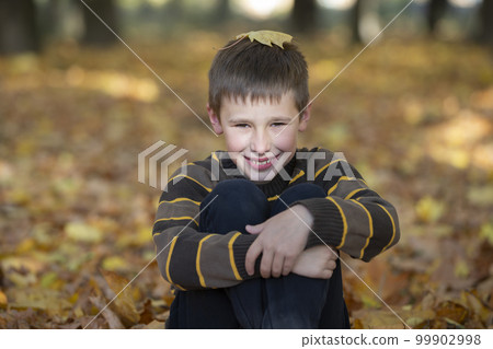 A boy in an autumn park put a maple leaf on his head, looks at the camera and smiles. Child on a warm autumn day for a walk. 99902998