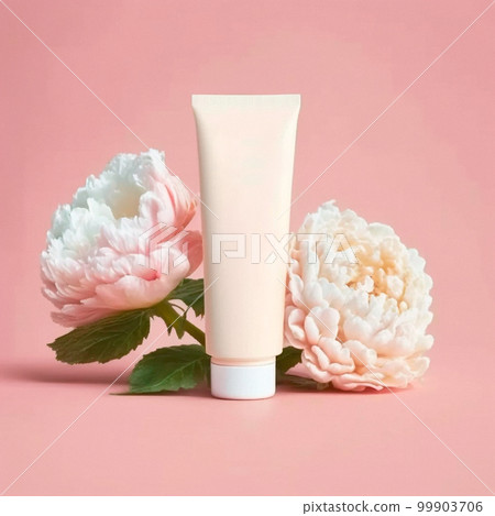 Composition of white plastic tubes for cosmetic products placed on pink background. Composition of white plastic tubes for cosmetic products placed on pink background. 99903706
