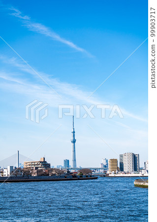 The Sky Tree seen from the Naka River flowing through Katsushika Okudo, Tokyo 99903717