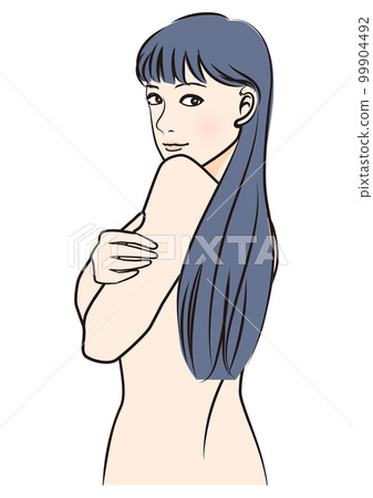 Illustration of a naked Japanese woman hiding her breasts and looking back, upper body, back view 99904492