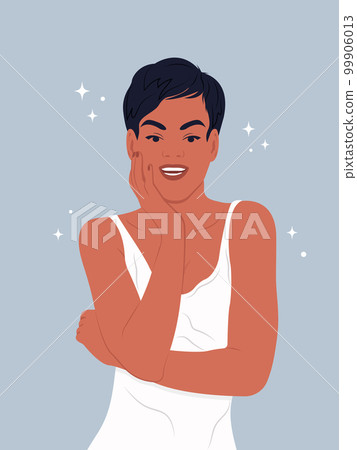 African woman smiling. World Oral Health Day. Beautiful smile of a young woman with healthy white teeth and oral cavity. Vector flat illustration. 99906013