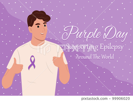 A young smiling man expresses support for an epileptic. Purple day. Support for epilepsy. Around the world. Epilepsy information tape. Vector flat illustration. A young smiling man expresses support for an epileptic. Purple day. Support for epilepsy. Around the world. Epilepsy information tape. Vector flat illustration. 99906020