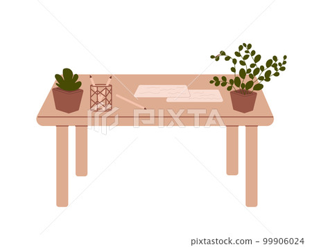 Office table with various objects. Pencils, paps, flower pots at the workplace. 99906024