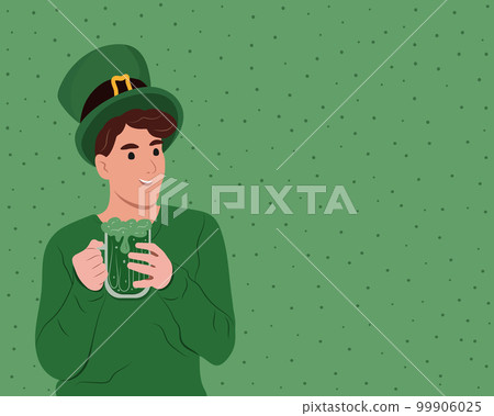 Happy St. Patrick's Day. Young happy Irish man celebrating St. Patrick's day and holding a mug of beer. Vector flat illustration isolated on white. 99906025