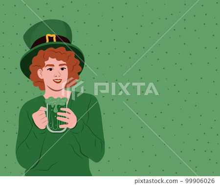 Happy St. Patrick's Day. Young happy Irish woman celebrating St. Patrick's Day and holding a mug of beer in her hands. Vector flat illustration isolated on white. 99906026