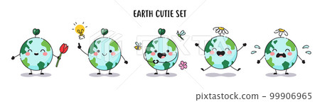 Set of cute planet Earth characters. Cartoon planet Earth sticker collection. Earth cuties with flower, plant, heart symbol, smile and sad emotion. 99906965