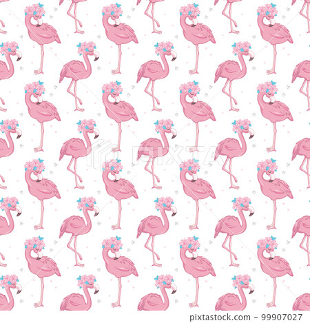 Flamingo Cute Seamless Pattern with prince or princess crown and star, Summer Wallpaper Background, Cartoon Vector illustration 99907027
