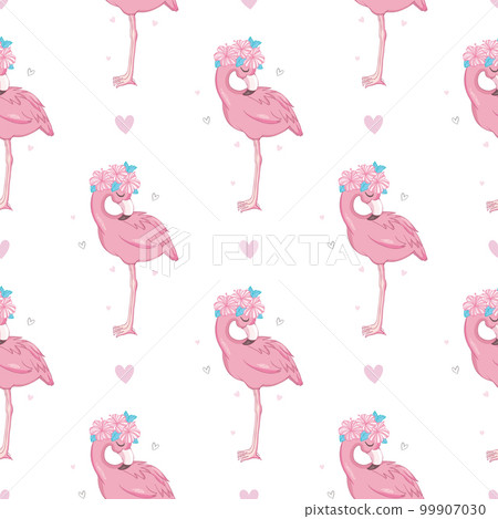Flamingo Cute Seamless Pattern with prince or princess crown and star, Summer Wallpaper Background, Cartoon Vector illustration Flamingo Cute Seamless Pattern with prince or princess crown and star, Summer Wallpaper Background, Cartoon Vector illustration 99907030