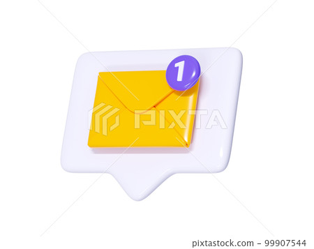 Message notification 3d render - yellow closed envelope with number notice on white speech bubble. Message notification 3d render - yellow closed envelope with number notice on white speech bubble. 99907544