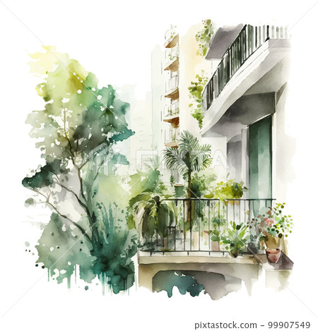 Houseplants on the balcony. Room full of plants, view through the window. Urban jungle concept Watercolor 99907549