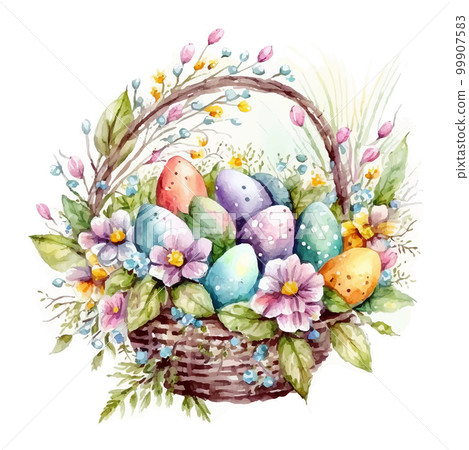 Happy easter Vector cute classic illustrations of easter eggs in a basket of flowers, chick, greeting text for a greeting card, poster or background 99907583