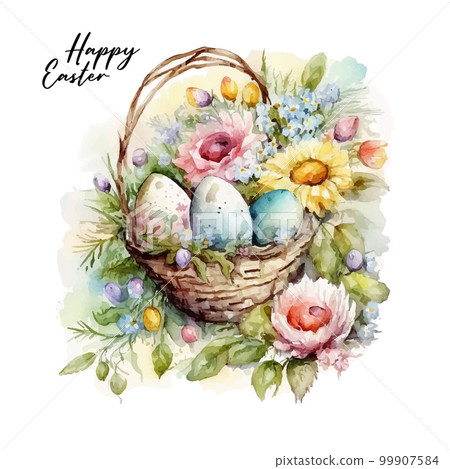 Happy easter Vector cute classic illustrations of easter eggs in a basket of flowers, chick, greeting text for a greeting card, poster or background 99907584