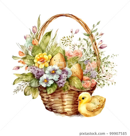 Happy easter Vector cute classic illustrations of easter eggs in a basket of flowers, chick, greeting card, poster 99907585