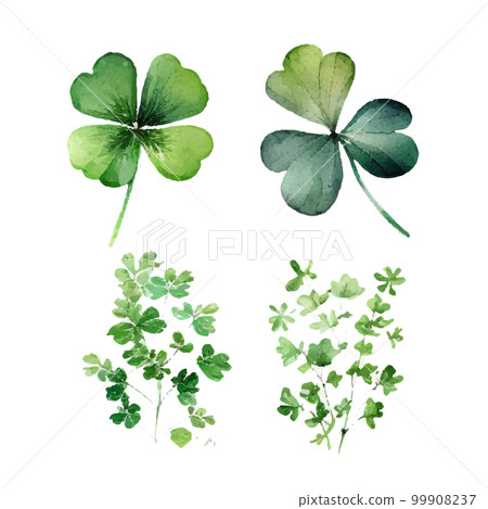 Clover leaves set - quarterfoil and trefoil. Watercolor vector illustration. Patricks Day design element. 99908237