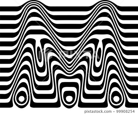 Liquified letter M, 3d striped sign, optical illusion font for opart style logo and monogram. Vector typographic design 99908254