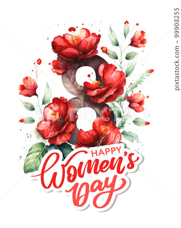 March 8 Happy womens day watercolor flowers lettering greeting card. Vector illustration March 8 Happy womens day watercolor flowers lettering greeting card. Vector illustration 99908255
