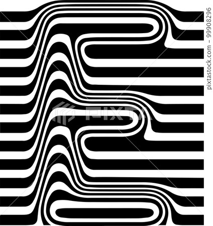 Liquified letter E, 3d striped sign, optical illusion font for opart style logo and monogram. Vector typographic design 99908296